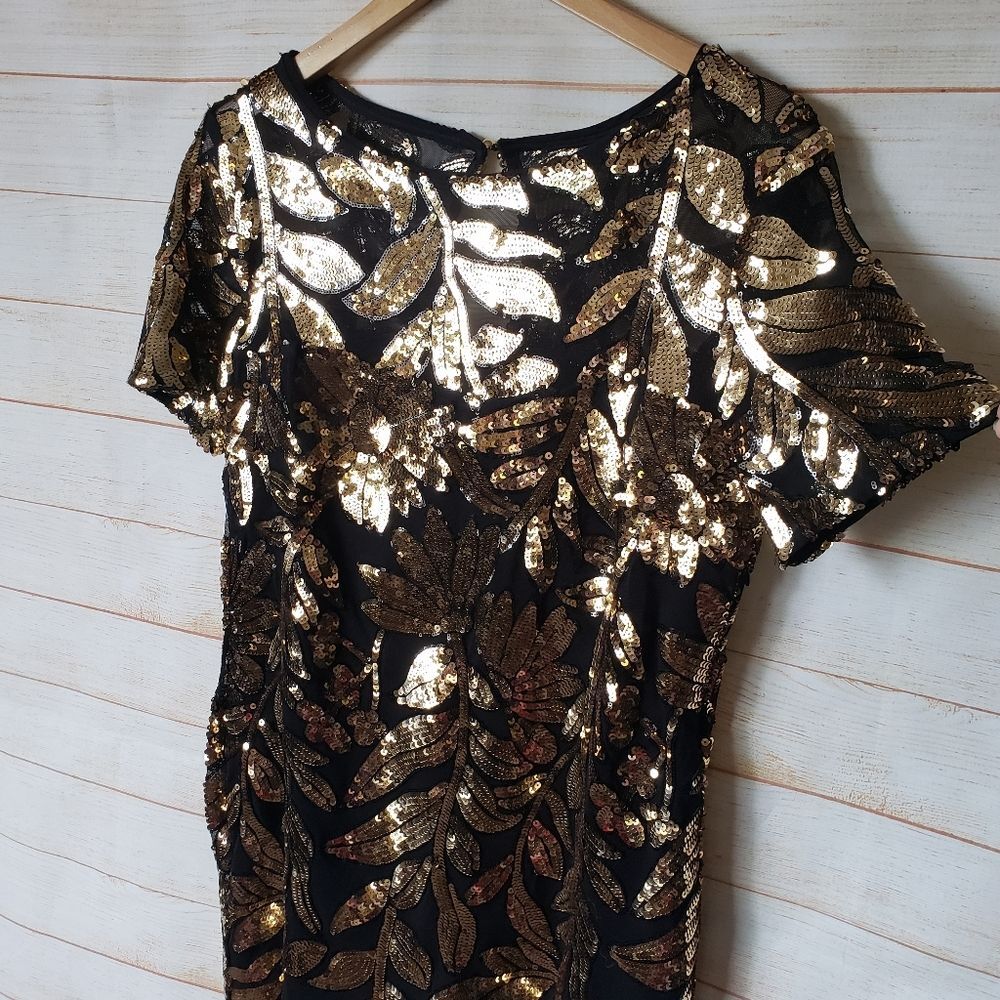 Maeve Anthropologie Short Sleeve Sheer Embellished Mini Dress Black Gold Size SP - Picture 10 of 15
